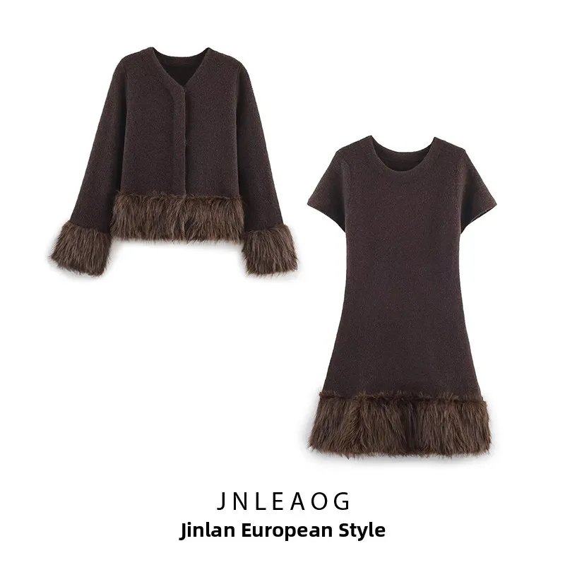 Autumn New Arrival Women's Faux Fur Effect Patchwork Knitted Jacket And Dress Set Long Sleeve round Neckline Euro Style Polye...