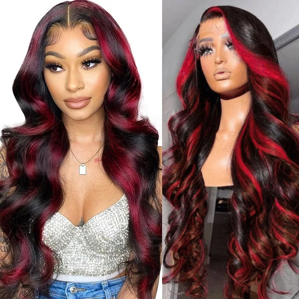 Red Highlight Body Wave Human Hair Lace Front Wigs 13x4 Red and Black Lace Frontal Wigs Burgundy Highlight Body Wave Human Hair