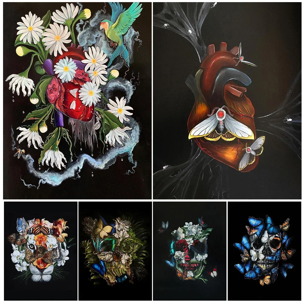 

Skull Made Of Butterflies And Flowers Abstract Wall Art Canvas Painting Mysterious Plant Witch Element Art Poster Print Decor