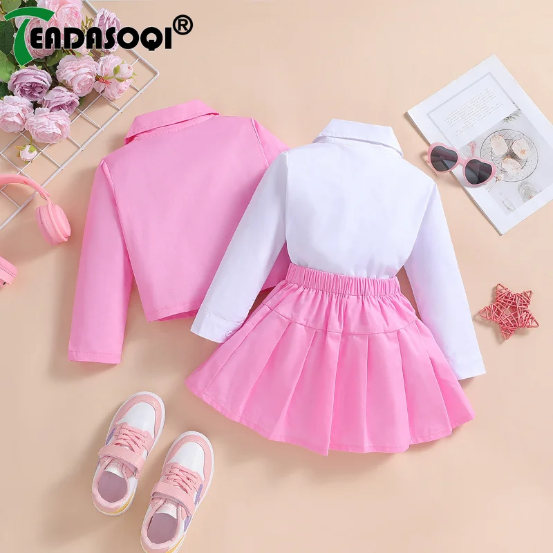 3-7 Years Old Fall Kids Girls Casual Suit Jacket Long Sleeve Single Breasted Shirt Pure Pleated Skirt Lapel A-line Band Skirt