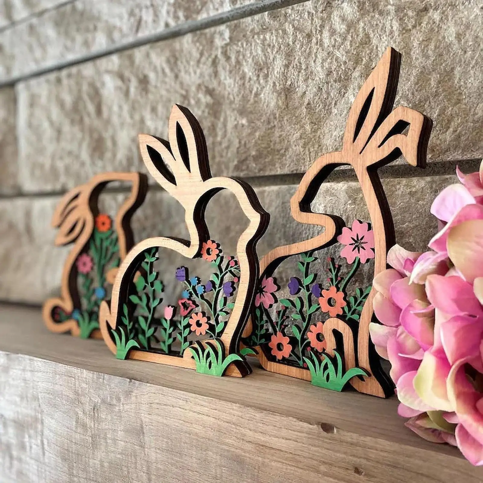 3Pcs Easter Bunny Decor Holiday Creative Decorative Crafts Party Supplies Wooden Sign for Bedroom Indoor Walkway Office Shelf