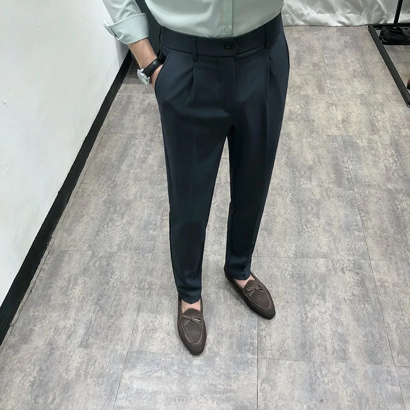 

Spring Summer New Style Men's Slim Fit Trousers Elastic Waist Korean Version Casual Suit Pants Youth Pure Color Trendy