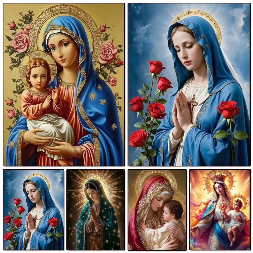 

5D комплект алмазной живописи Дева Мария и Иисус Роза полная алмазная мозаика цветочная вышивка религия День матери уникальный подарок