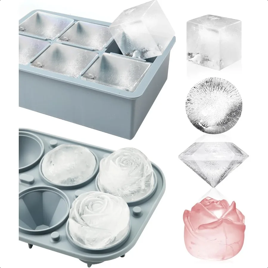 

2Pack Silicone Square and Round Ice Cube Trays for Freezer Sphere Rose Diamond Ice Molds for Whiskey Cocktails DIY Gray