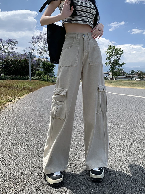 

Faionable High Waist Loose Fit Wide Leg Denim Work Pants American Hot Girl Sle Fall New Arrival Casual Straight Leg Jeans