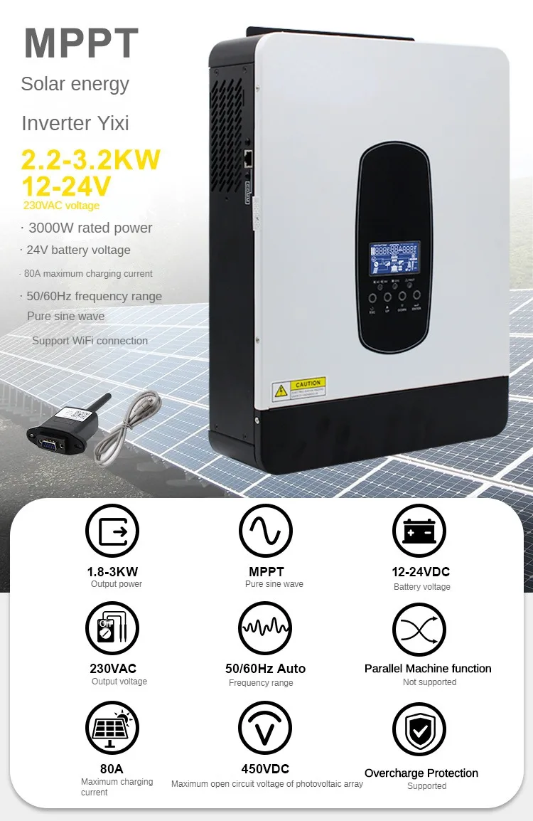 Inversor Solar de Onda Senoidal Pura, Máquina Fotovoltaica Integrada de Controle Reverso Fora da Rede, Suporte Wi-Fi, 2,2 kW, 80A