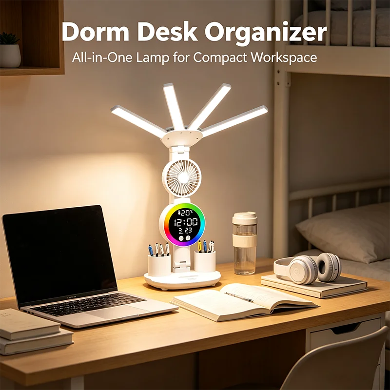 Rechargeable LED Study Desk Lamp Reading Table Light Built‑in Fan Clock Display Household Bedside Night Table Lamp
