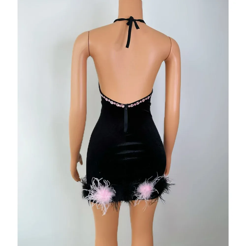 Sexy Black Velvet Backless Rhinestones Mini Dress Women Birthday Party Club Show Short Dress Singer Stage Performance Costume