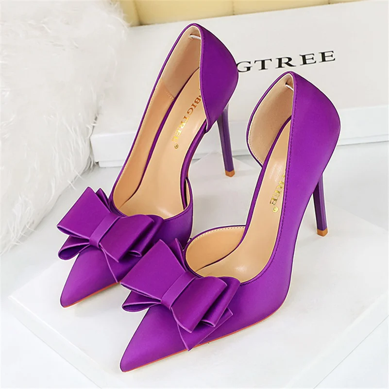 Women 10.5cm High Heels Satin Silk Butterfly Knot Purple Pumps Lady Wedding Bridal Escarpin Blue Green Peach Fashion Party Shoes