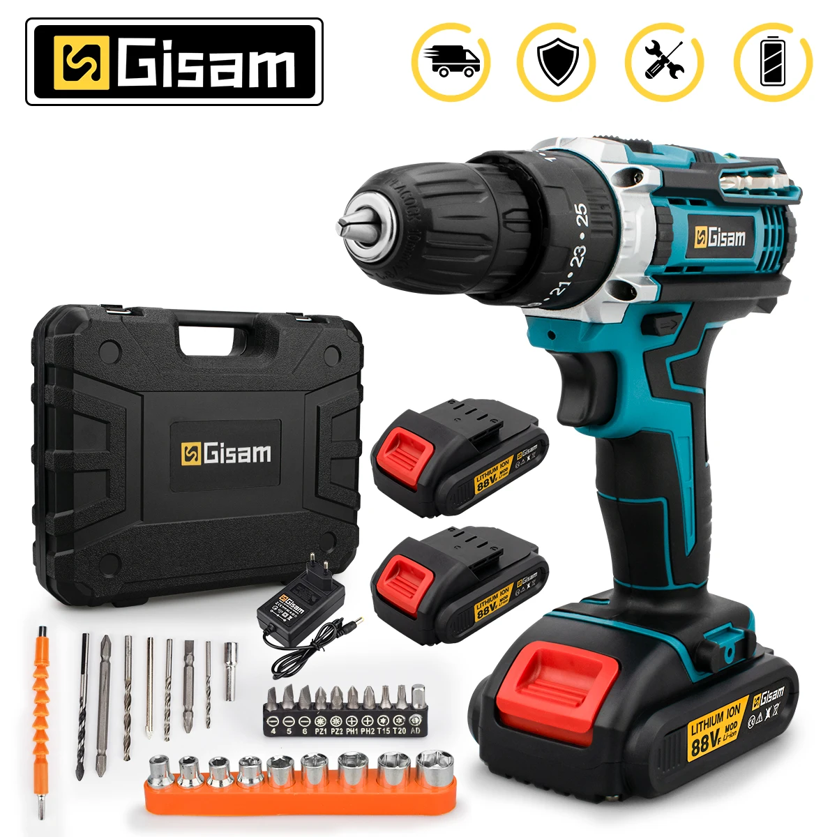 25+3 Torque Impact Drill Electric Screwdriver Cordless Electric Hammer Drill Driver 2 Gear Speed Lithium-Ion Battery Power Tools