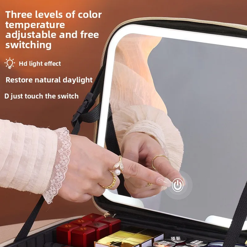 Cross-border High Aesthetic ValueLEDLight Strip Mirror Makeup Case Large Capacity Travel Portable Handheld Cosmetic Storage Bag