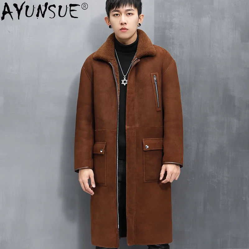 Winter Real Natural Fur Coat 100% Leather Shearling Jacket Long Warm Double-wear Clothes Men Veste En Cuir Homme WPY4379