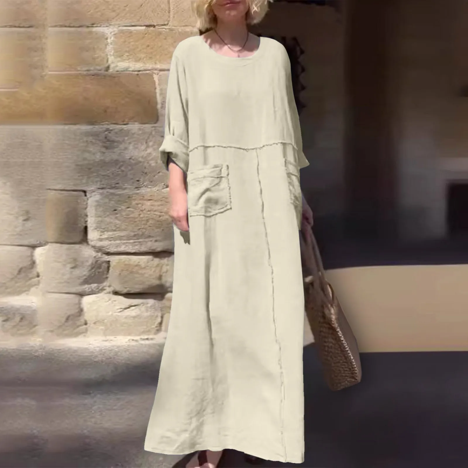 

Women Simple Style Solid Color Cotton Linen Dresses Summer Crew Neck Pullover Short Sleeve Dress Female Comfortable Casual Gown