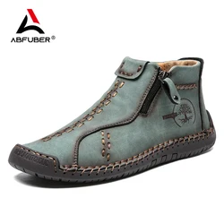 Sapatos casuais de couro artesanal para homens, calçados planos, botas de tornozelo com zíper, plus size 39-48