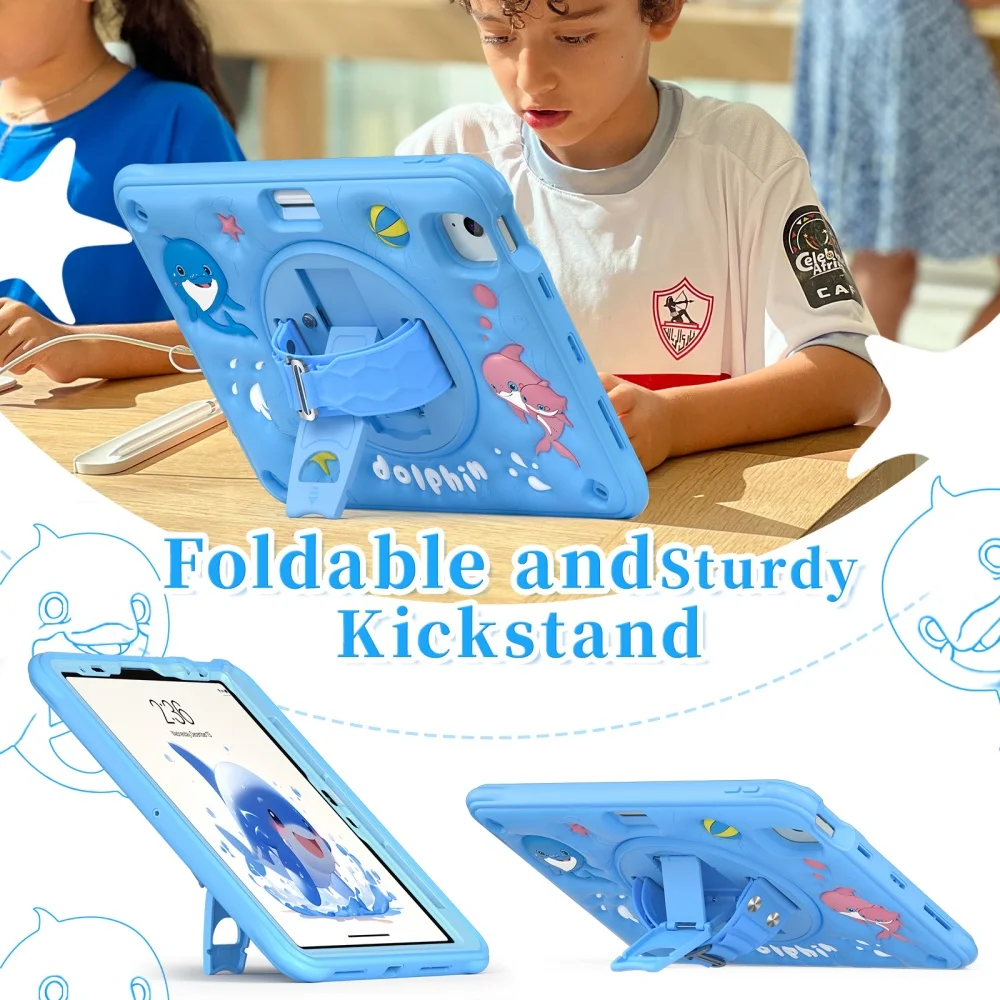 For iPad Mini A17Pro Mini6 Kids Cute Case for iPad Air 4 5 10.9 Pro11 Air11 Cartoon Silicone Wrist Strap Shoulder Rotation Cover - view 4
