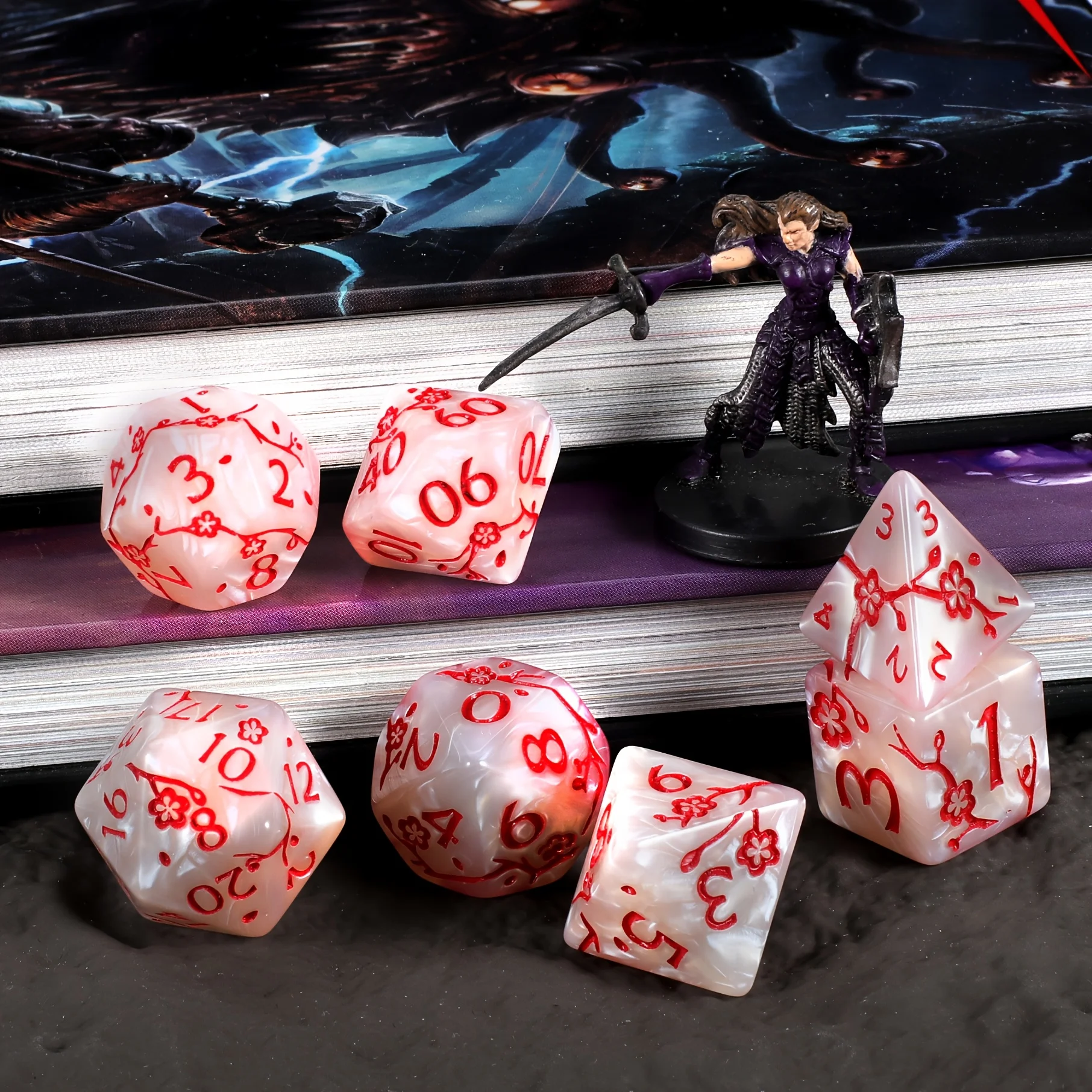 DND Dice Set -7pc Plum Flower Polyhedral Dice for D&D RPG MTG Role Playing Table Party Games & DM & Dice Goblin