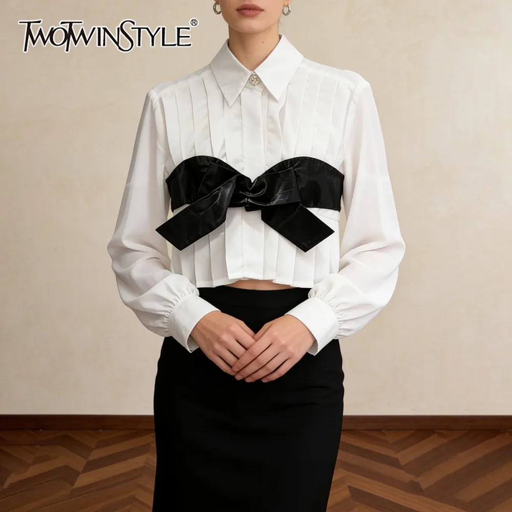 

TWOTWINSTYLE White Spliced 3D Bow Shirt Female Lapel Long Sleeve Loose Elegant Intellectual Women's Shirts Autumn Fashion New