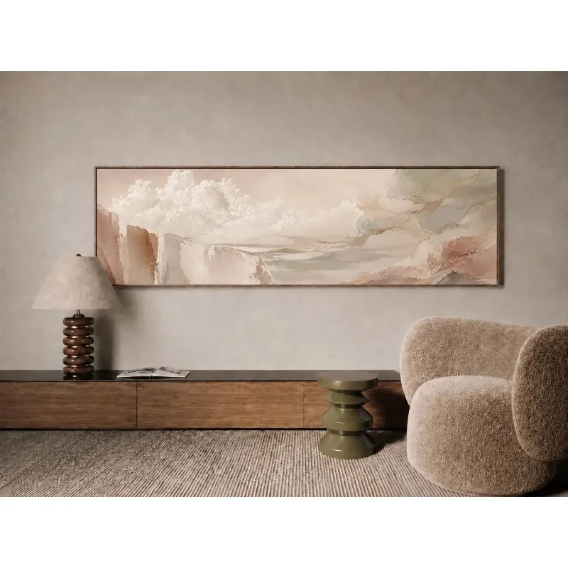 Horizontal Abstract Landscape Canvas Wall Art, Muted Blush Pink Beige Textured Print, Wabi‑Sabi Bedroom Headboard Home Decor
