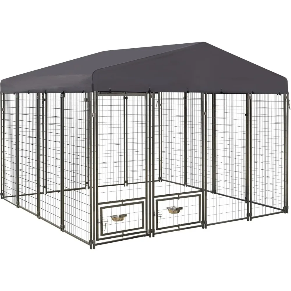 Dog Kennel Outdoor 10' x 10', Large Dog House with Roof and Lockable Door, Heavy Duty Dog Enclosure with Rotating Feeding Door