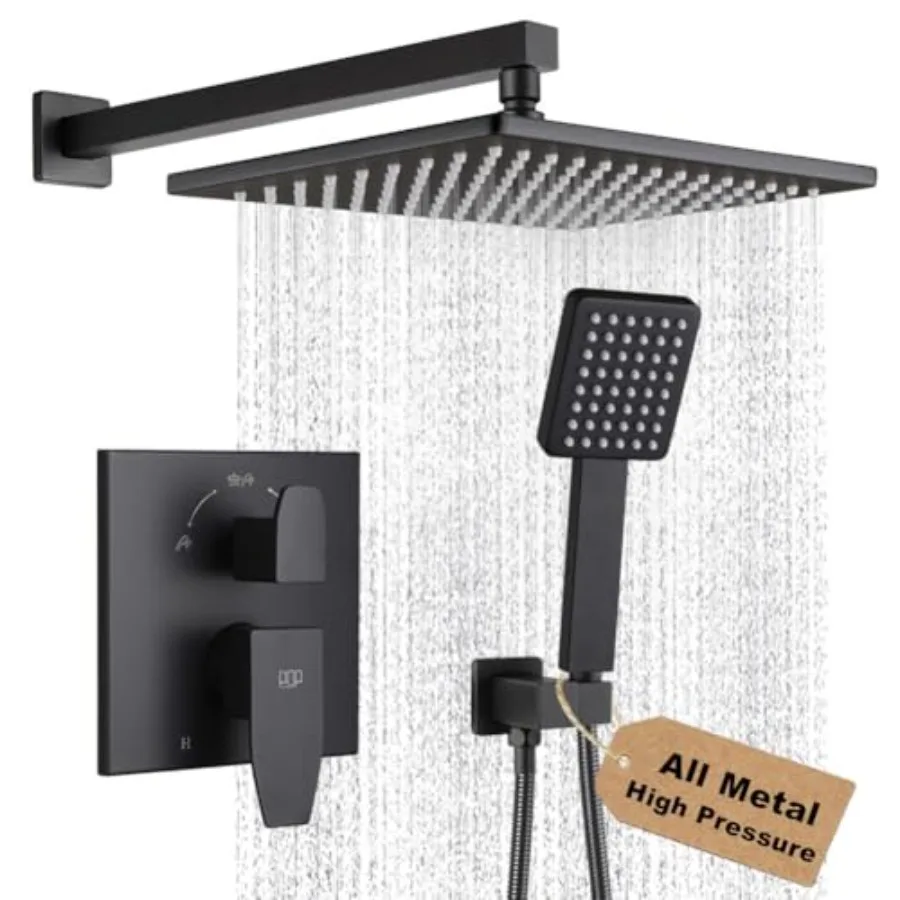 

Matte Black Shower Faucet Set Rainfall 10 Inch Shower Head and Handle Set Bathroom Rain Shower System Wall Mounted Shower Fixtu