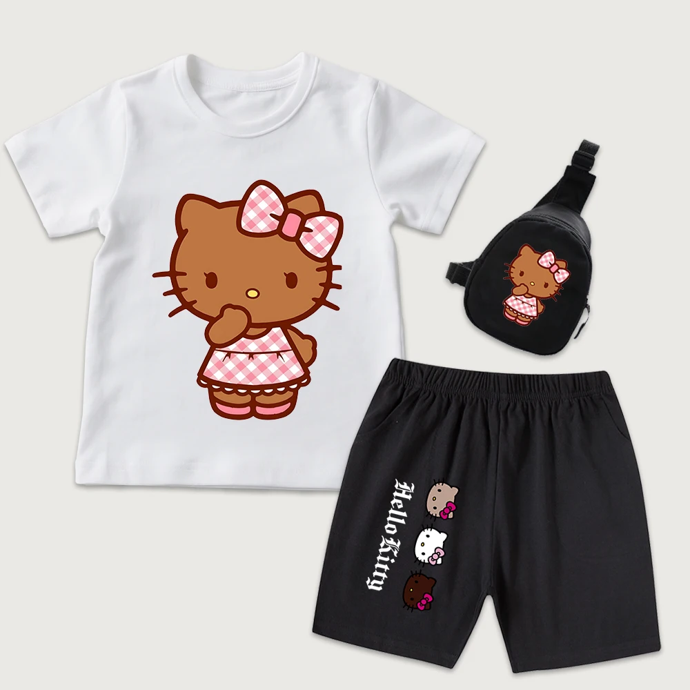 

Детский комплект из хлопковой футболки и шорт с принтом Hello Kitty Gingham Sweet Print и мини-сумкой на грудь, комплект из 3 предметов для мальчиков и девочек, летняя одежда