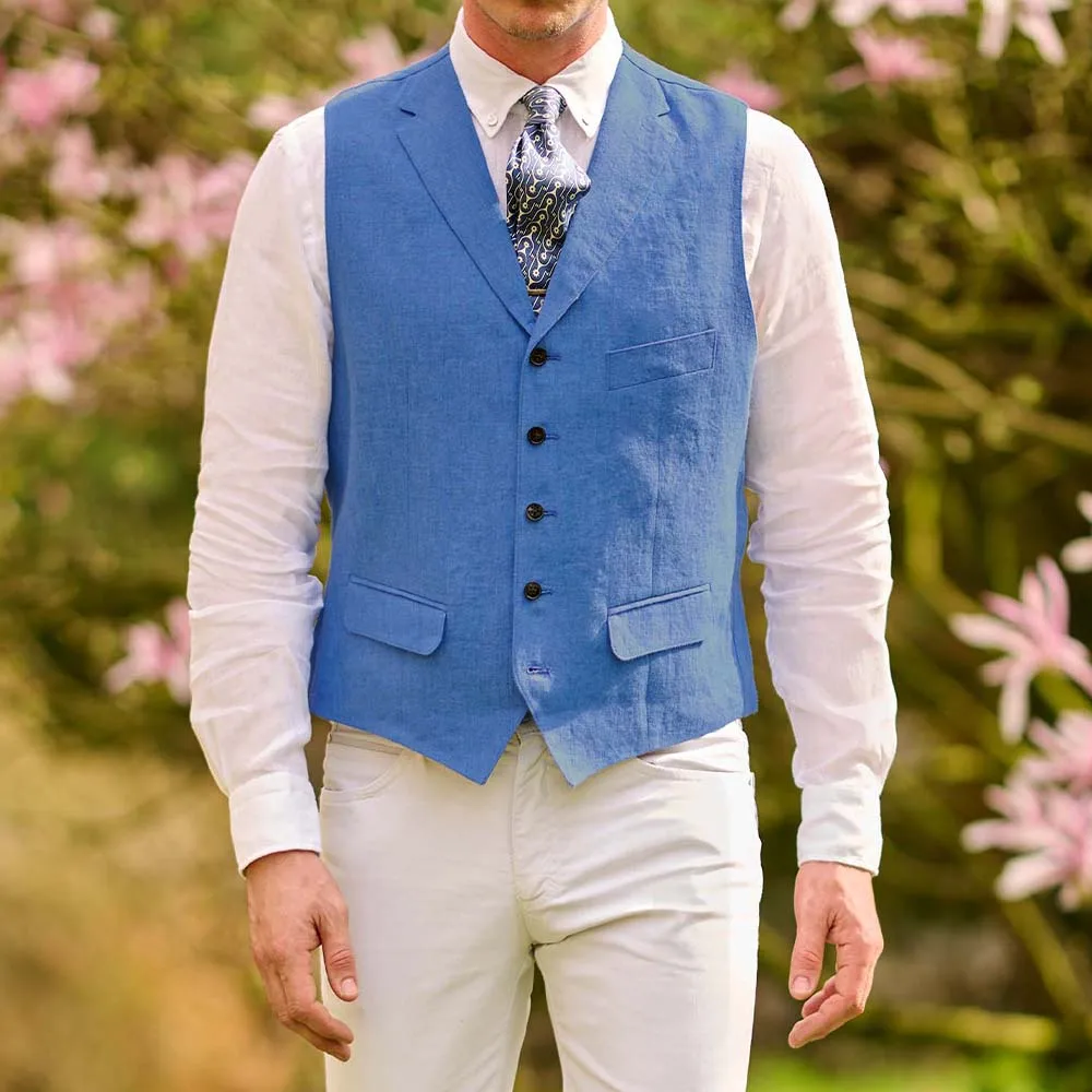 New Arrival Lapel Neck Linen Men's Vest Single Breasted Slim Fit Linen  Summer Waistcoat  For Wedding