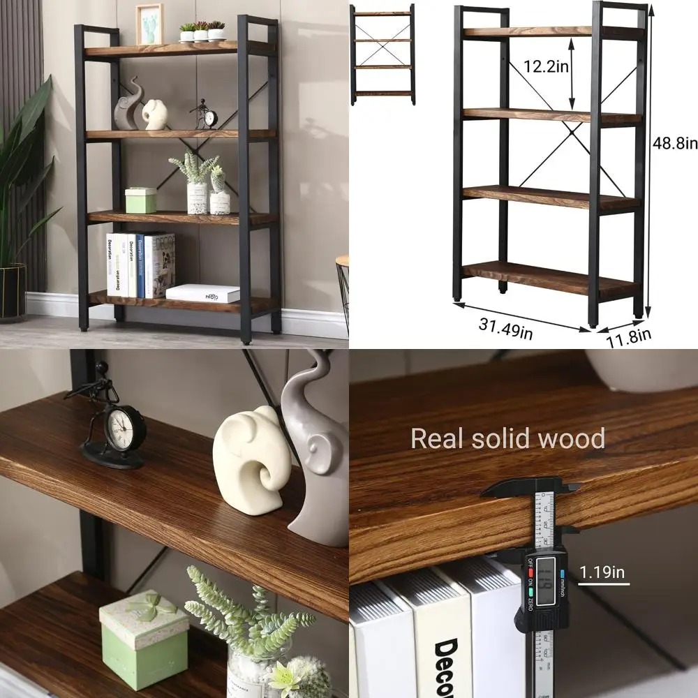 

Rustic 4-Tier Industrial Style Open Bookshelf with Vintage Brown Wood and Metal Shelves