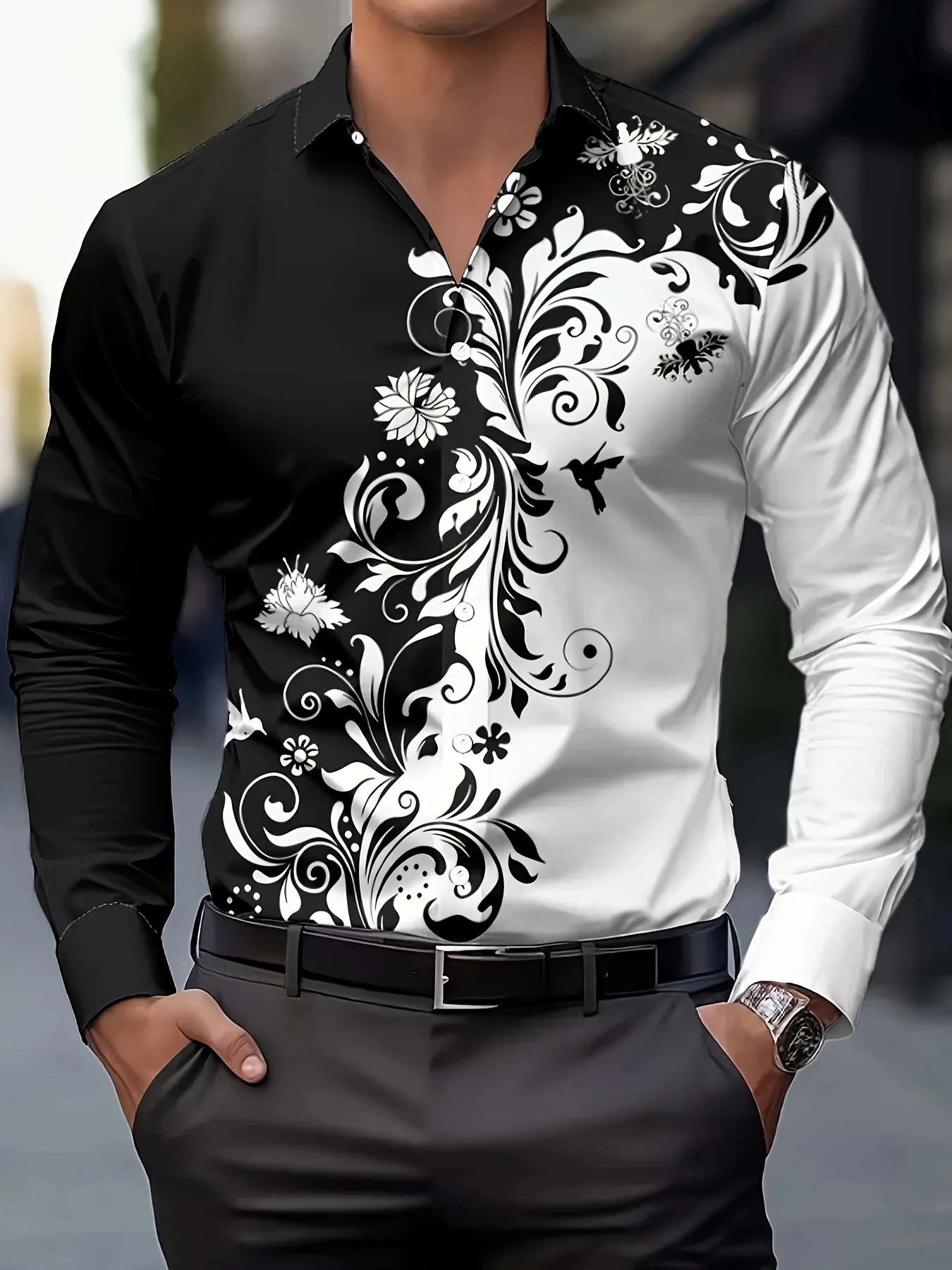 Men'S Casual Long Sleeve Shirt with Floral Print - Black & White Design, Button-Up, Regular Fit Casual Attire Floral Print Shirt
