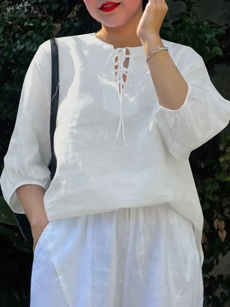 Women Fashion Blouses ZANZEA 2025 Summer Puff Sleeve Solid Color Tunic Tops Bandage Casual Loose Shirts Vintage Cotton Blusas