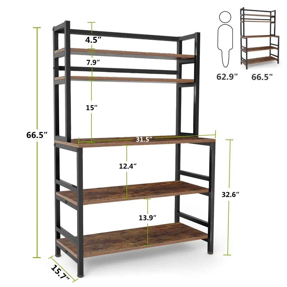 5-Tier Kitchen Bakers Rack with Hutch, Industrial Microwave Oven Stand, Free Standing Kitchen Utility Cart Storage Shelf Organiz