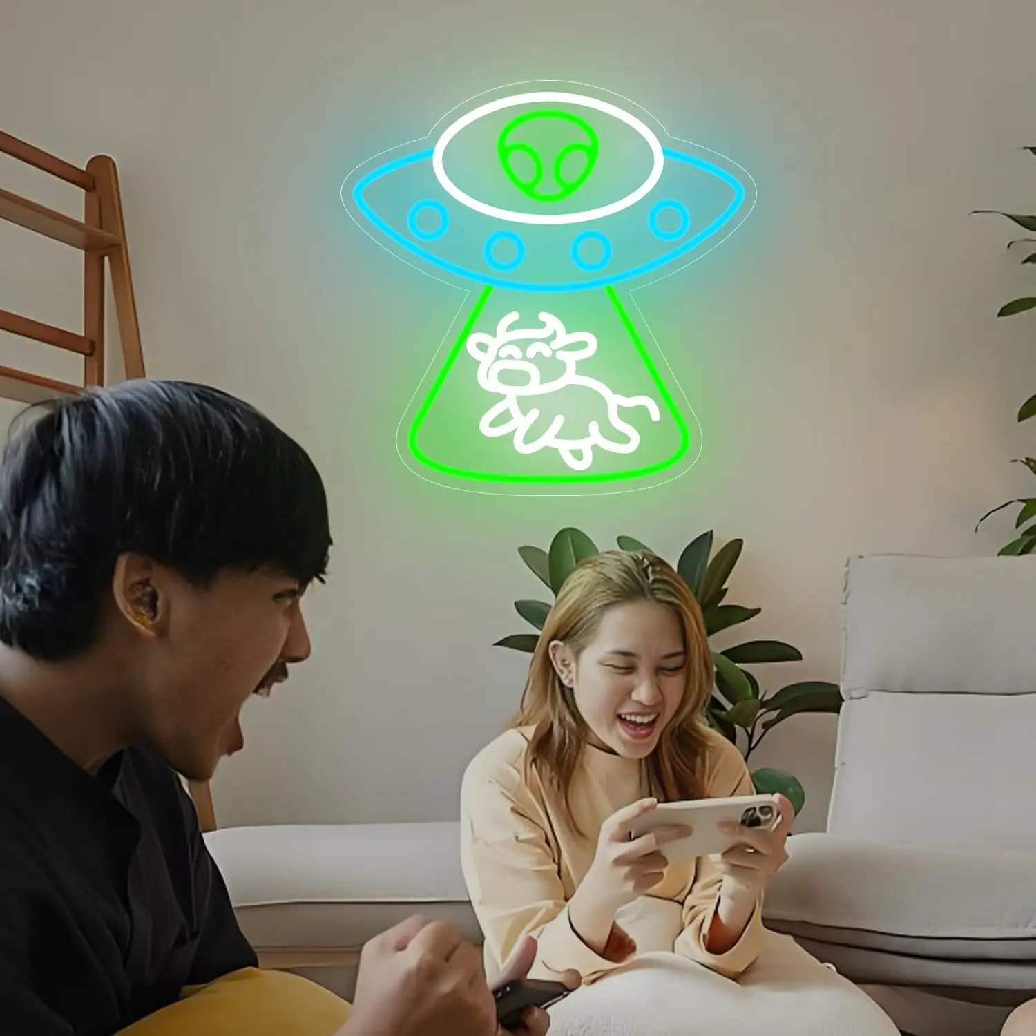 Alien UFO Neon Sign Dimmable LED Neon Light for Bedroom Man Cave Alien Spaceship Cow Wall Decor Kids Birthday Gift USB powered