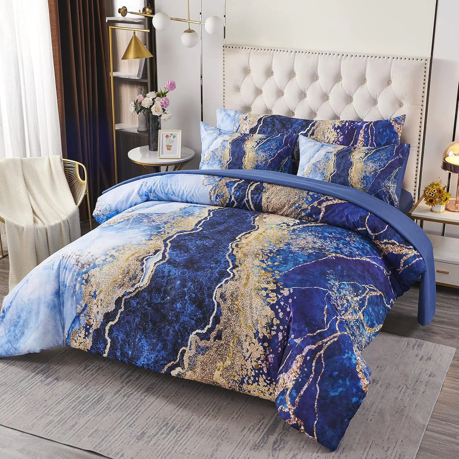 

Queen Size Blue Watercolor Marble Comforter Set - 6 Piece Bedding with Sheets, Lightweight & Soft