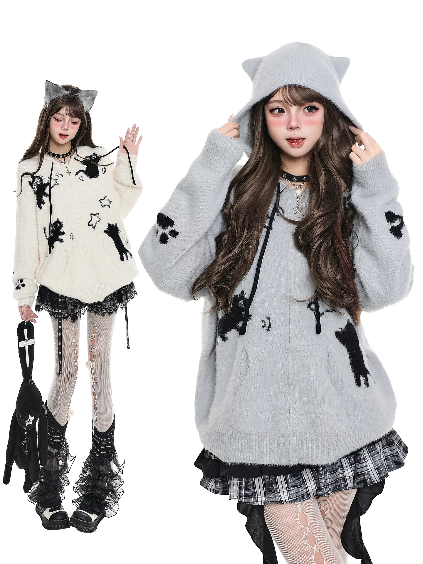 

Милый вязаный кардиган с капюшоном и ушками, женская осенне-зимняя теплая верхняя одежда из искусственного меха, нейлоновая ткань, длинный рукав, застежка-молния