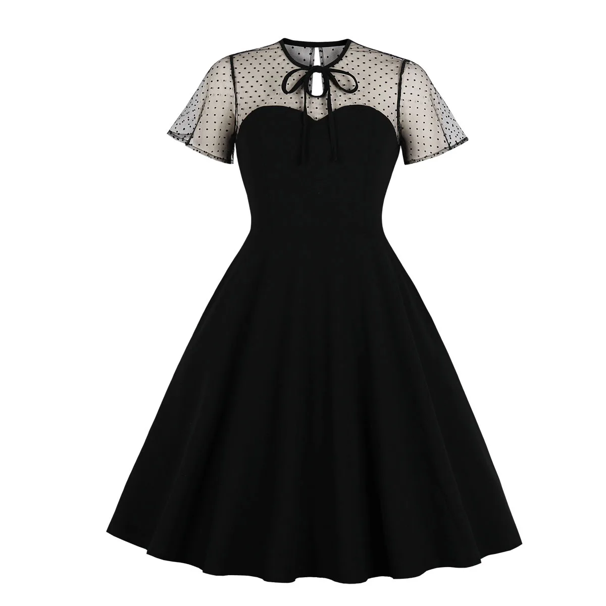 Elegant Vintage Hepburn Dress For Women Black Red Sleeveless A-Line Dress With Shawl Female Retro Rockabilly 50s Polka Dot Dress