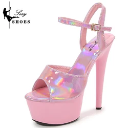 15CM/6Inch Laser Color Fad wysokie obcasy buty do tańca sandały damskie letnie platformy Club Stiletto Gladiator striptizerka obcasy rzym buty