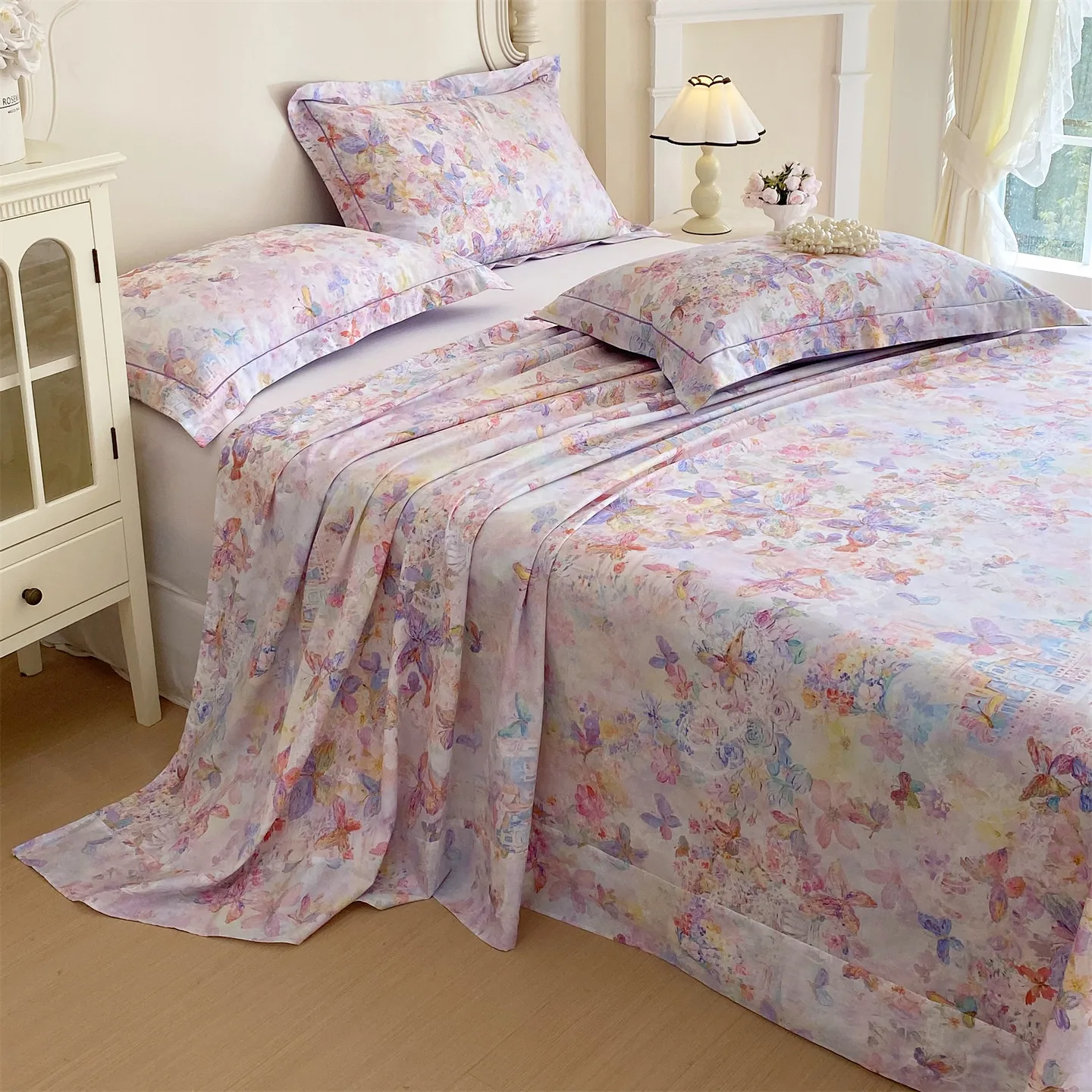 Lençol de Cama 100% Algodão com Estampa de Borboleta, Lençol de Algodão Puro Tamanho Queen/King, Lençóis Superiores Amigáveis à Pele