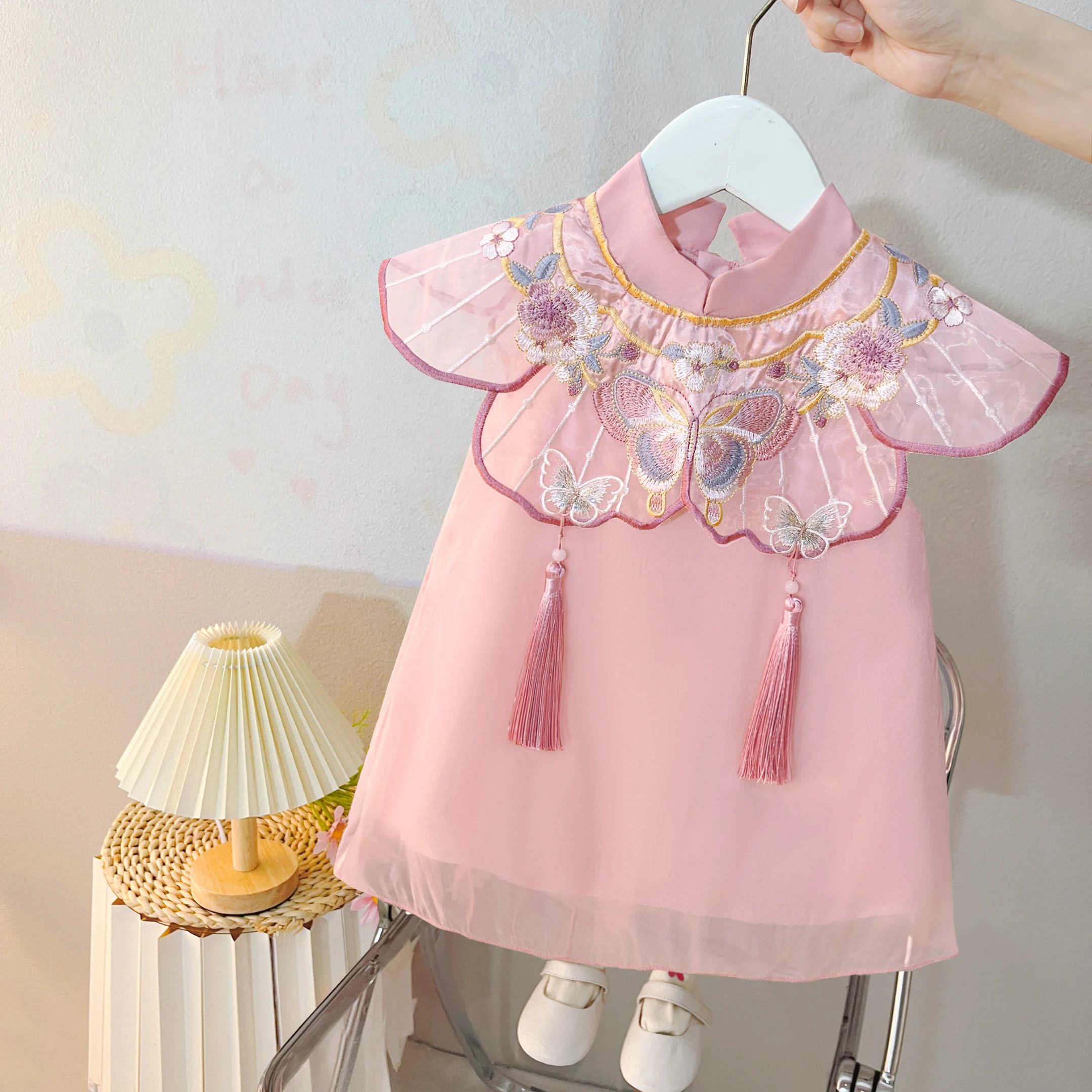 Baby girl clothing 2024 summer sweet round neck sleeveless embroidered dress bow pearl princess skirt 1-5Y