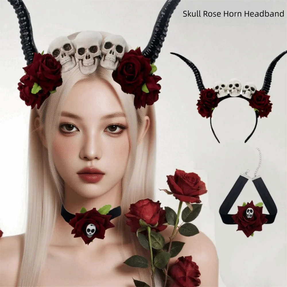 

Halloween Ox Horns Headband Gothic Style Flowers Design Sheep Horn Hairband Fashion with Neckband Red Rose Headband