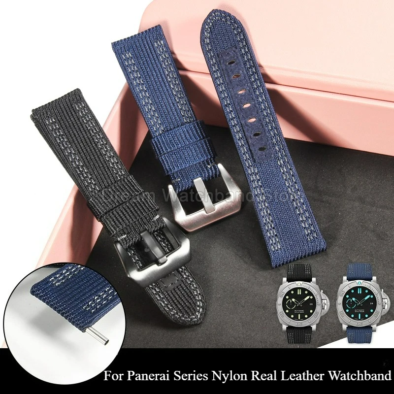 Black Blue 22 24 26mm Canvas Bracelet Flat Interface for Parenai Luminor Submersible Series Nylon Genuine Leather Watch Strap
