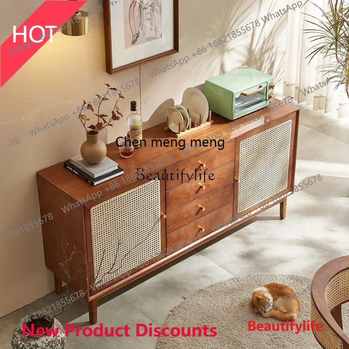 

style NEWNordic rattan solid wood kitchen locker Japanese living room entrance wabi sandy wind wall storage cabinet ss 8617