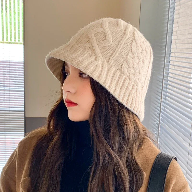 Wool blended woolen Yarn Bucket Hat Women  winter Korean version versatile warm Japanese solid color knitted thickened basin hat