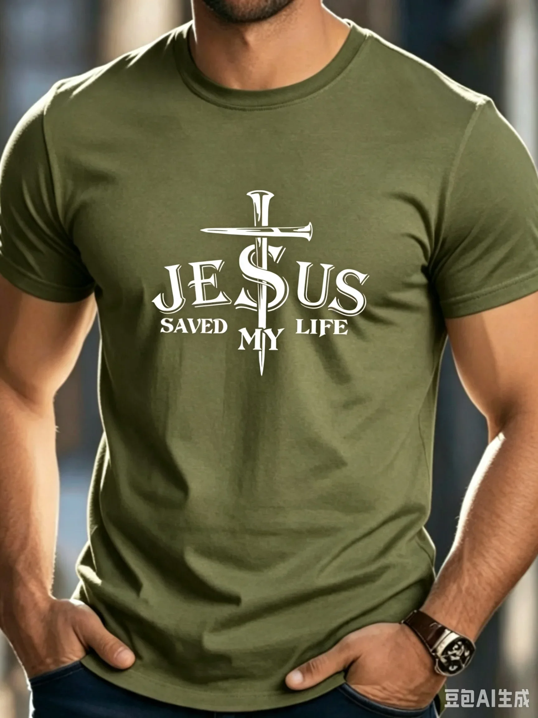 Trendy Men's Jesus Saved My Life Letter Print T-shirt Christian Faith Graphic T Shirt for Men Casual Daily Wear Tops