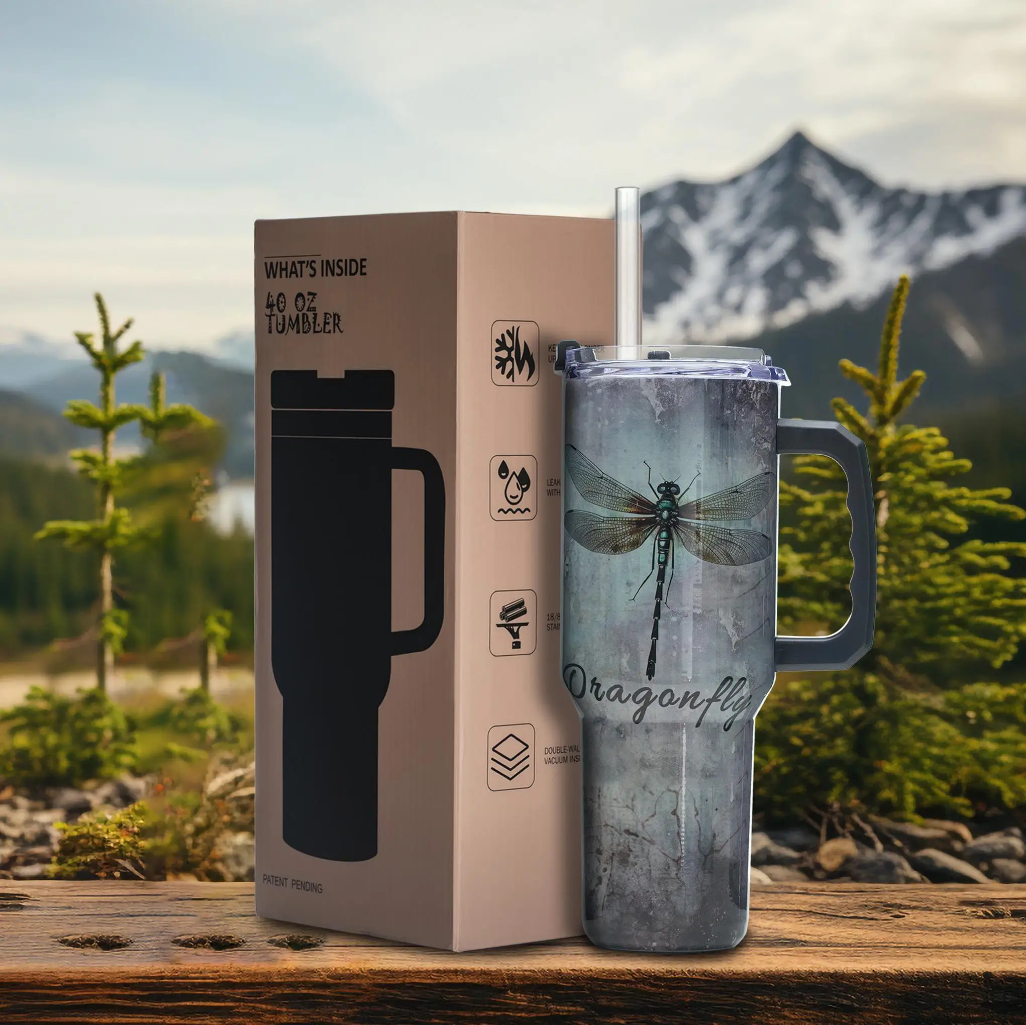 

40oz Stainless Steel Dragonfly Faith Tumbler, Vacuum Insulated with Flip Lid, Handle, Wide Mouth, 3D Print Gift for Grandma