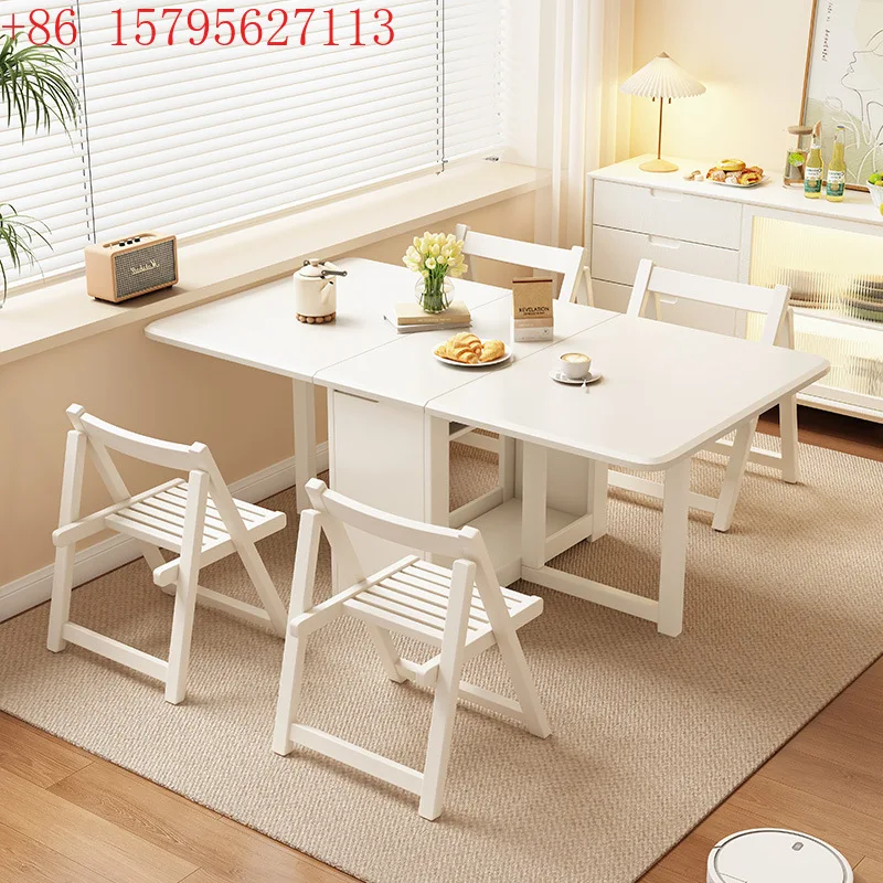 

Solid wood folding dining table and chairs household small apartment retractable dining table with storage multi-functional