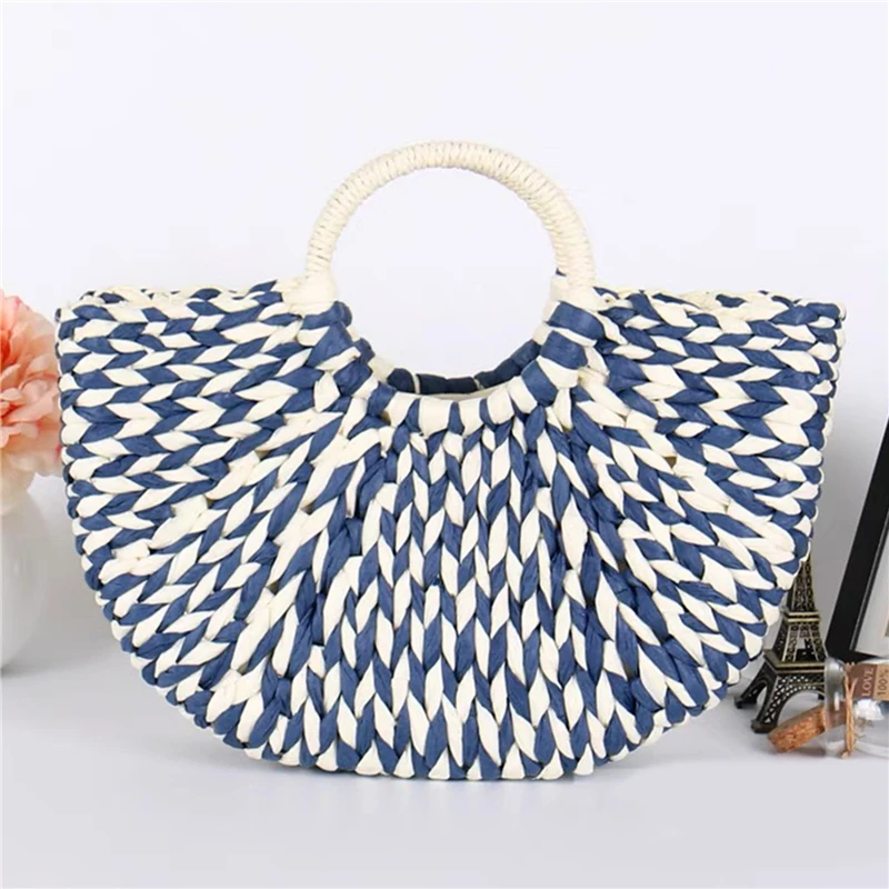 Borsa da donna colorata borsa di paglia di vimini in Rattan borsa semicircolare intrecciata borsa da viaggio Casual femminile di grande capacità