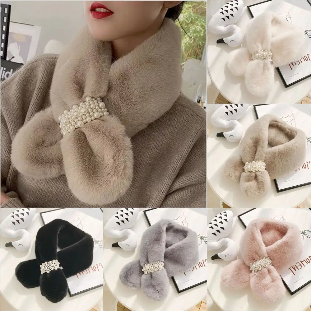 Winter Warm Thicken Pearl Cross Collar Scarf  Women Solid Color Faux Rabbit Fur Plush Elegant Shawl Scarfs Neck Warmer