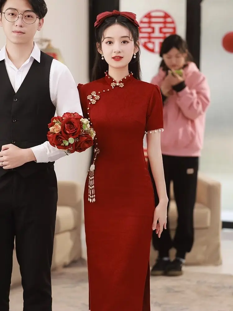 

Yourqipao Chinese Wedding Cheongsam Toast Dress 2023 New Red Women Engagement Evening Dresses Backdoor Wedding Hanfu Skirt