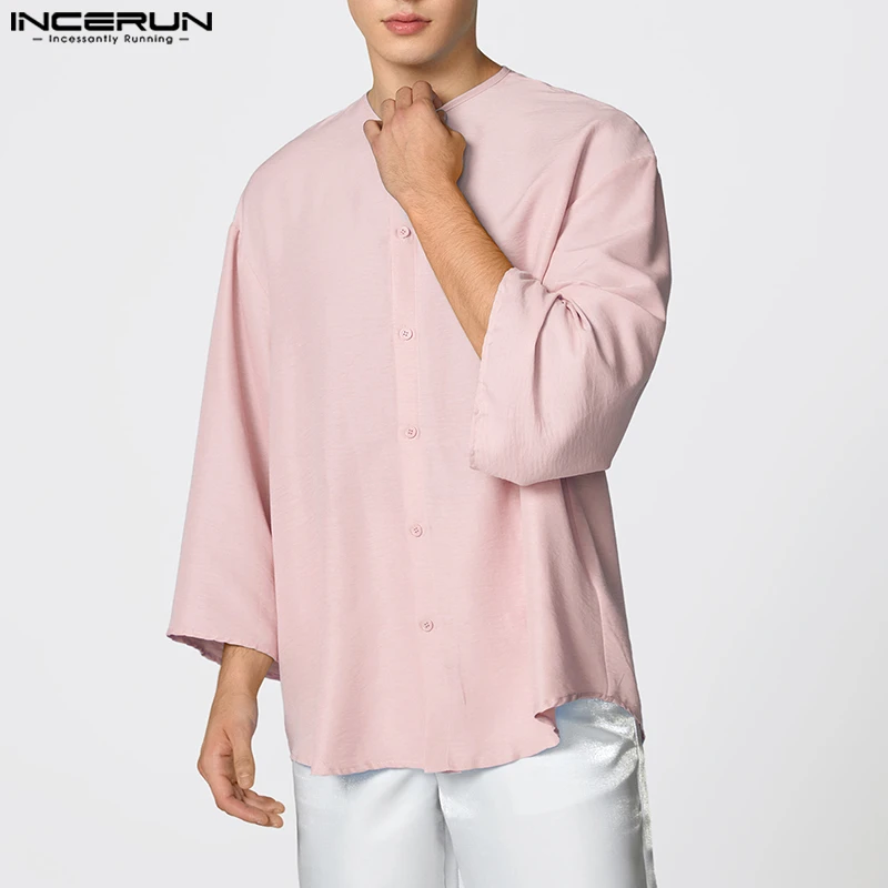 

INCERUN Men Shirt Solid Color O-neck 3/4 Sleeve Oversize Casual Men Clothing Streetwear Vintage 2026 Tops Male Shirts S-5XL