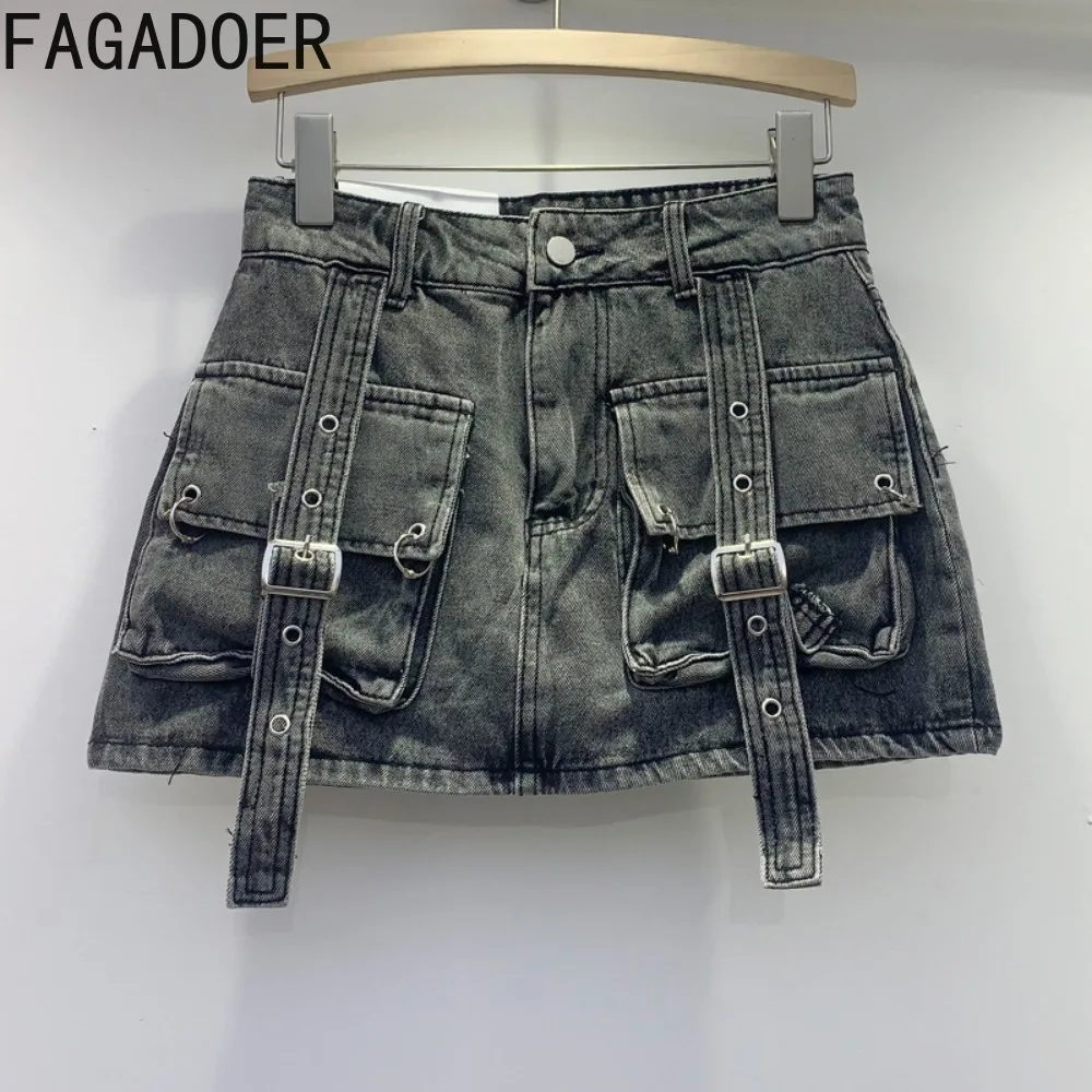 FAGADOER Pink Fashion Y2K Pocket Cargo Mini Denim Skirts Women High Waisted Button A-line Skirt Summer New Female Cowboy Bottoms