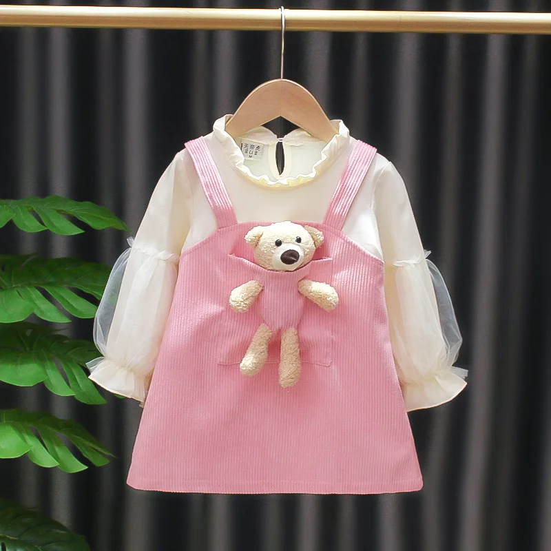 Kid Girl Dress Long Sleeve Lovely Children Autumn Clothes Corduroy Girls One Piece Dresses Bear